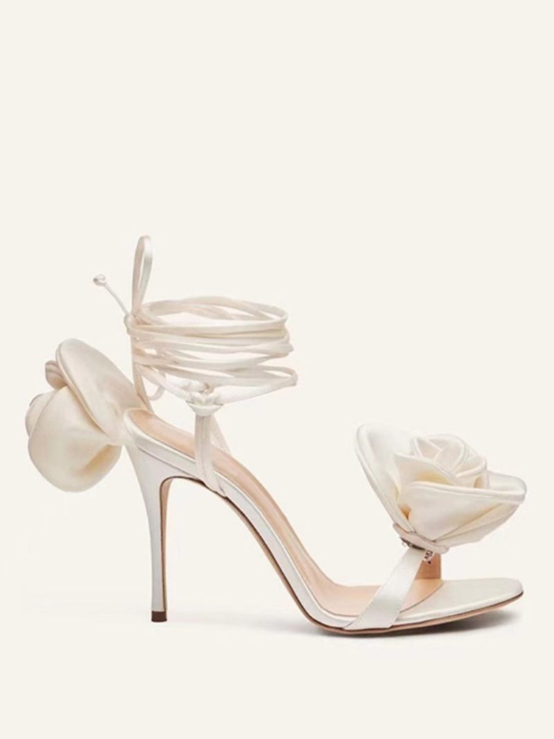 Sandales À Talons Pour Femmes Chaussures Soirée Satin Avec Détails Fleurs Lacets Et Hauts - Blanc