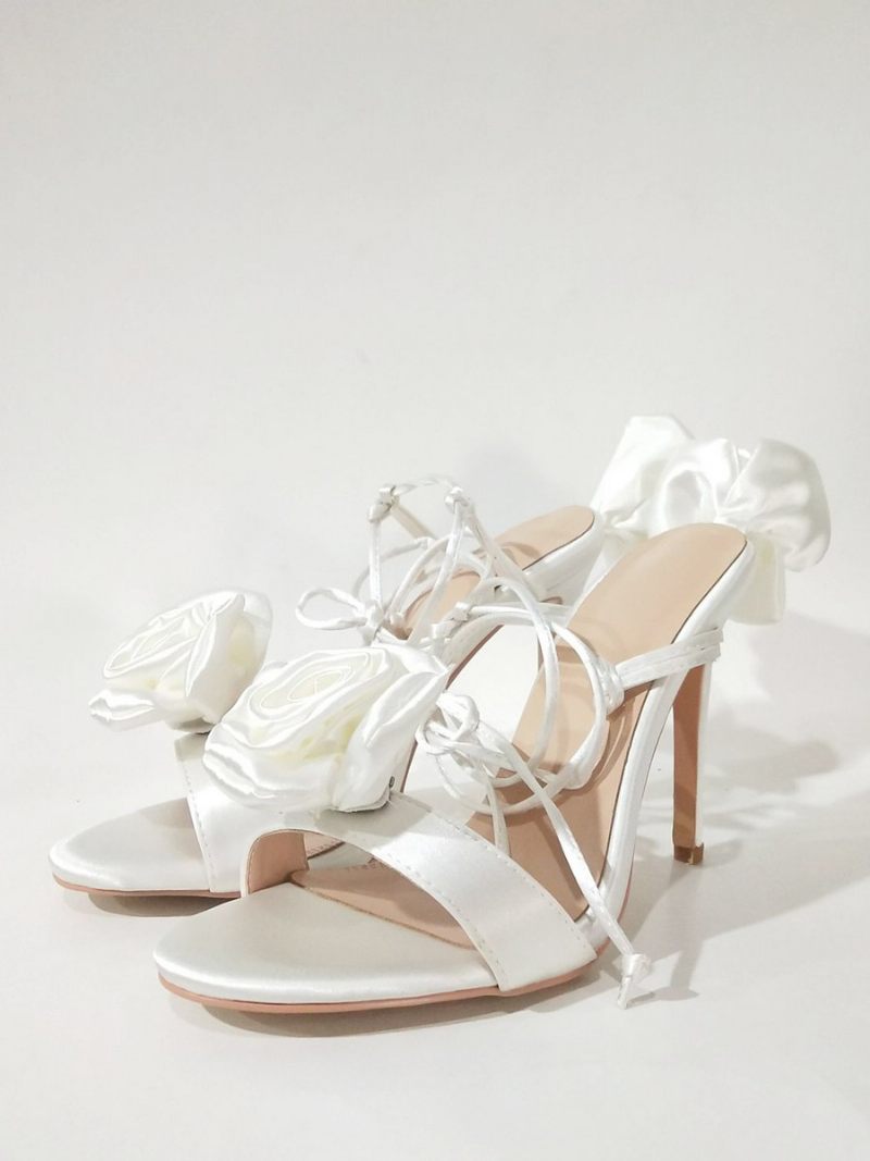 Sandales À Talons Pour Femmes Chaussures Soirée Satin Avec Détails Fleurs Lacets Et Hauts - Blanc