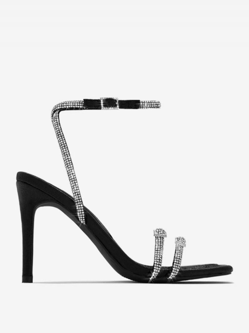 Sandales À Talons Pour Femmes Noires Bout Ouvert Strass Bride La Cheville Talon Aiguille Chaussures Soirée - Noir