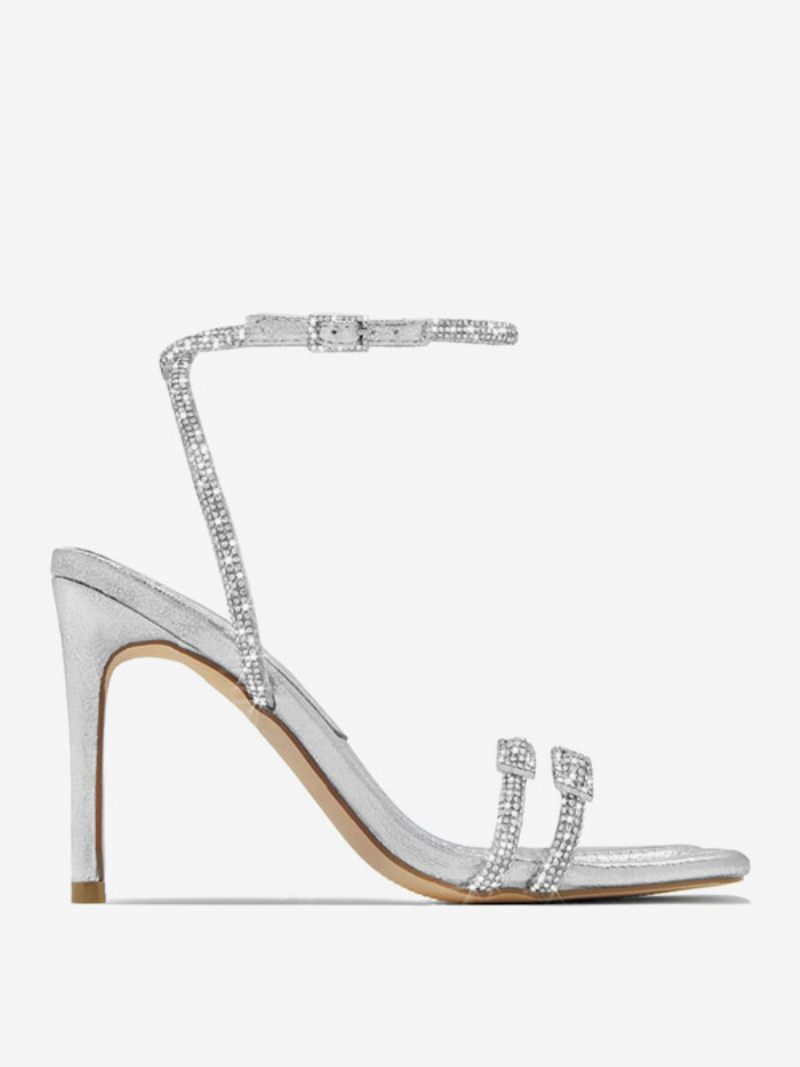 Sandales À Talons Pour Femmes Noires Bout Ouvert Strass Bride La Cheville Talon Aiguille Chaussures Soirée - Argent