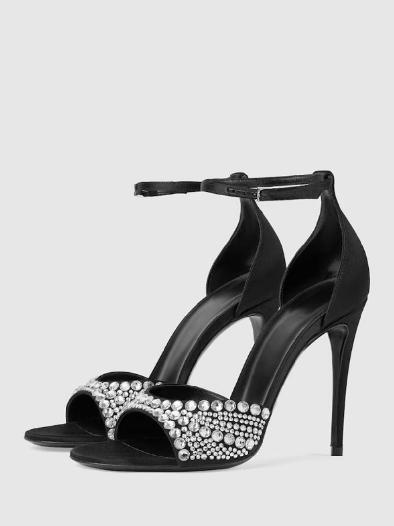 Sandales À Talons Pour Femmes Peep Toe Strass Talon Aiguille Bride La Cheville Chaussures Bal