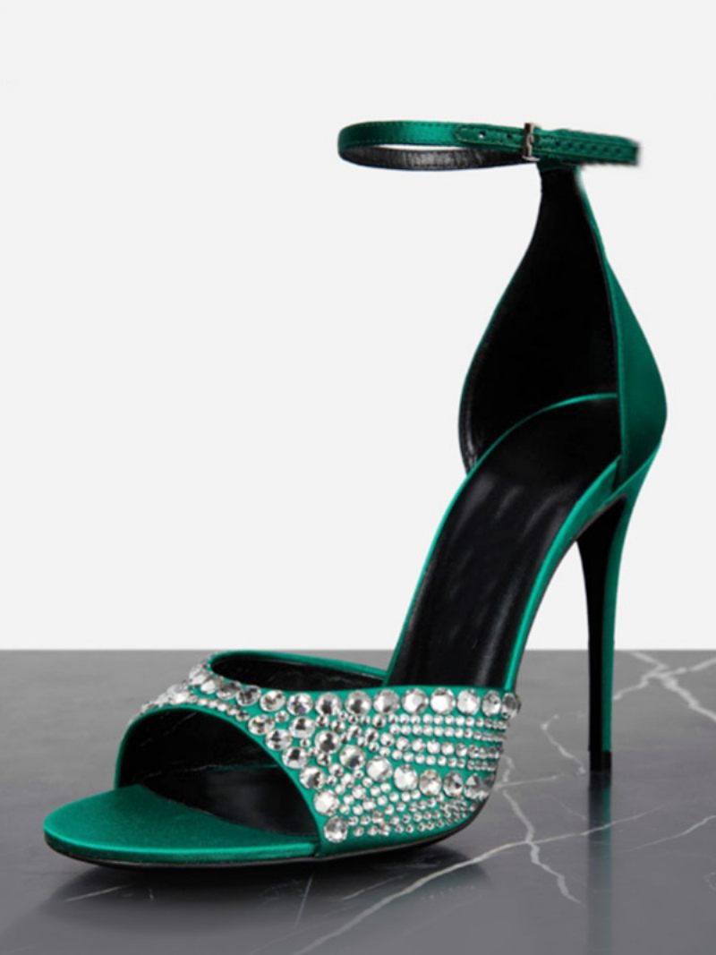 Sandales À Talons Pour Femmes Peep Toe Strass Talon Aiguille Bride La Cheville Chaussures Bal - Vert