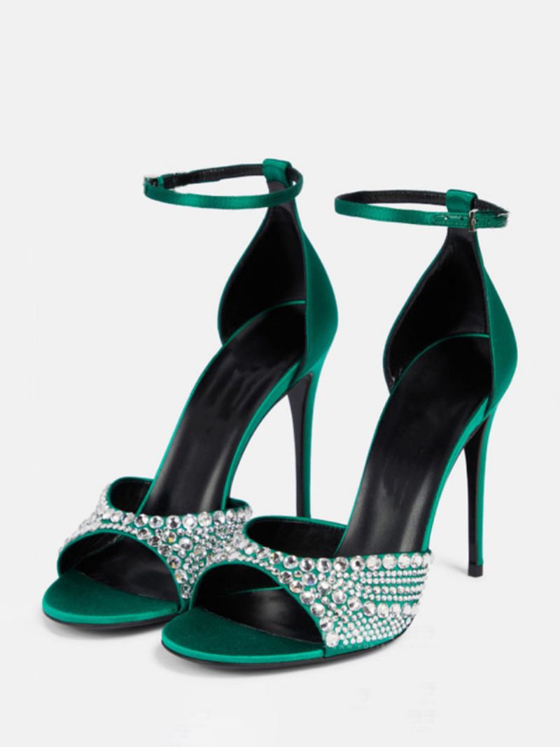 Sandales À Talons Pour Femmes Peep Toe Strass Talon Aiguille Bride La Cheville Chaussures Bal - Vert