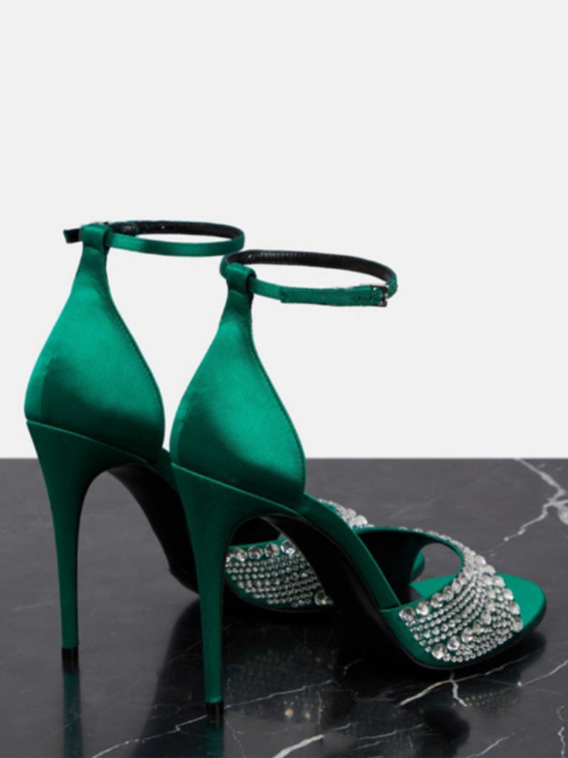 Sandales À Talons Pour Femmes Peep Toe Strass Talon Aiguille Bride La Cheville Chaussures Bal - Vert