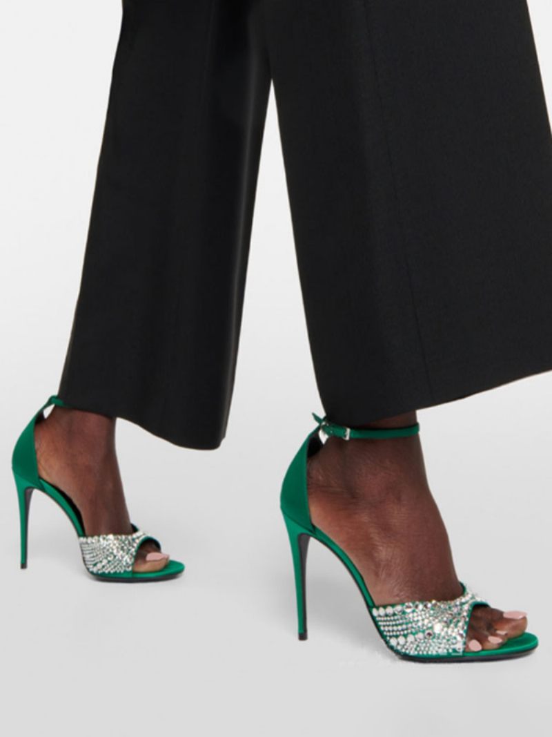 Sandales À Talons Pour Femmes Peep Toe Strass Talon Aiguille Bride La Cheville Chaussures Bal - Vert