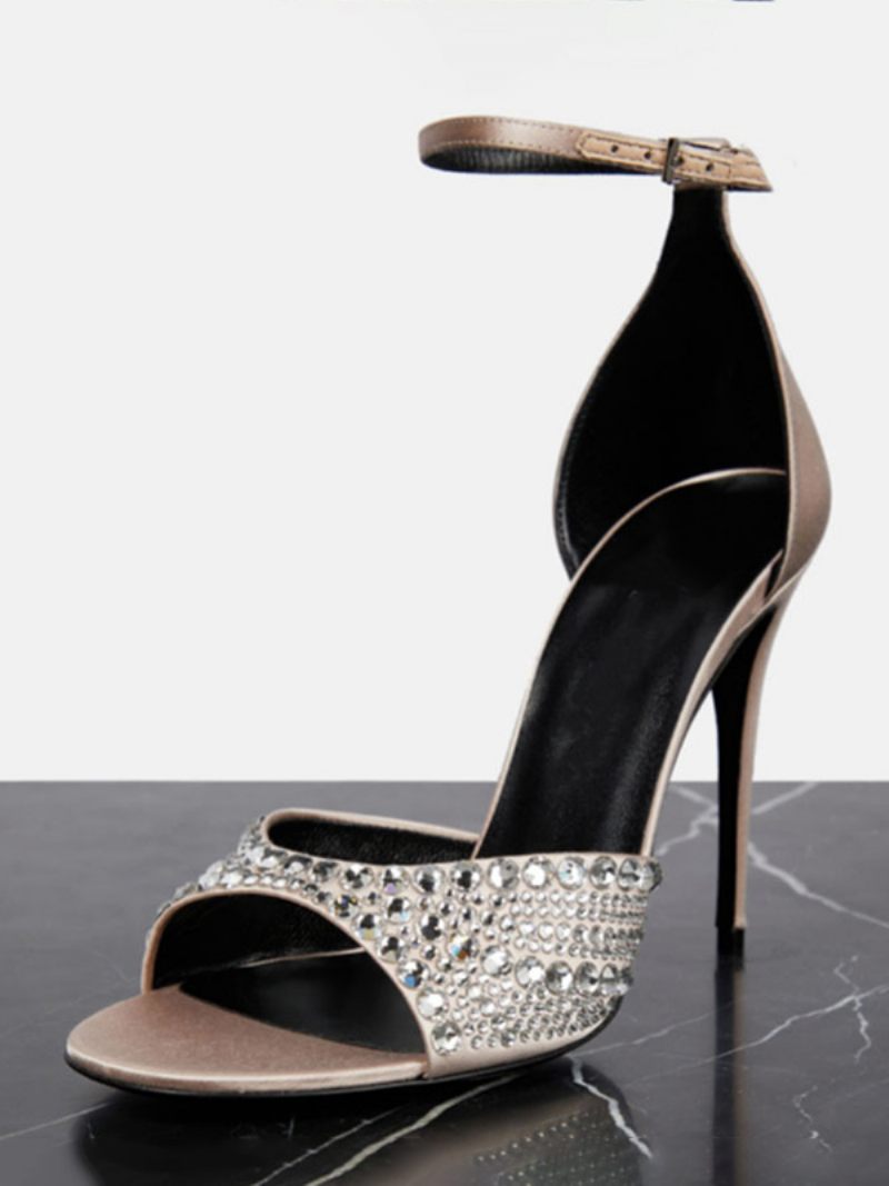 Sandales À Talons Pour Femmes Peep Toe Strass Talon Aiguille Bride La Cheville Chaussures Bal - Champagne