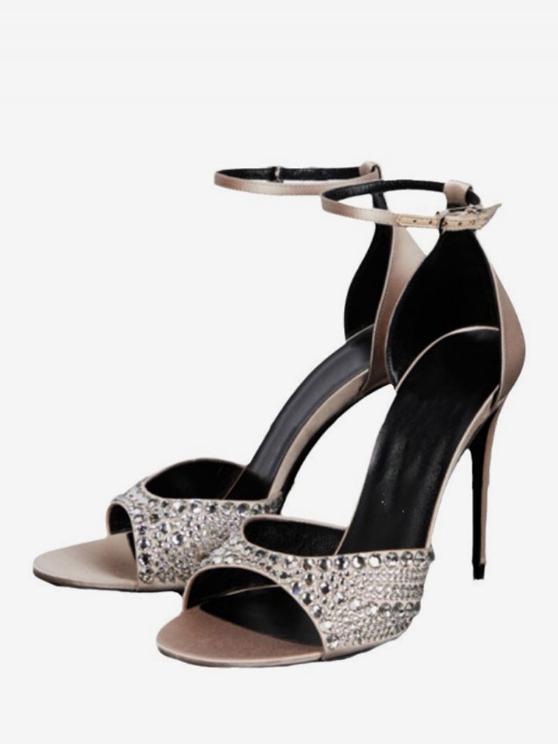 Sandales À Talons Pour Femmes Peep Toe Strass Talon Aiguille Bride La Cheville Chaussures Bal - Champagne