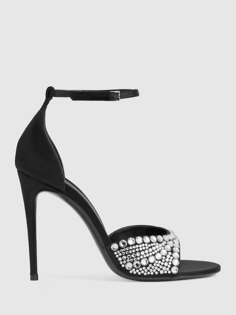 Sandales À Talons Pour Femmes Peep Toe Strass Talon Aiguille Bride La Cheville Chaussures Bal - Noir