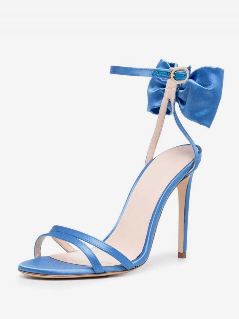 Sandales À Talons Pour Femmes Satin Bleu Bout Ouvert Nœud Talon Aiguille Chaussures Bal