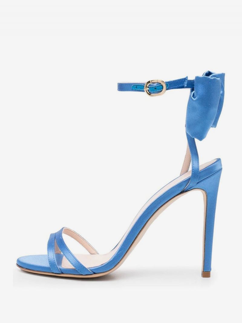 Sandales À Talons Pour Femmes Satin Bleu Bout Ouvert Nœud Talon Aiguille Chaussures Bal - Bleu