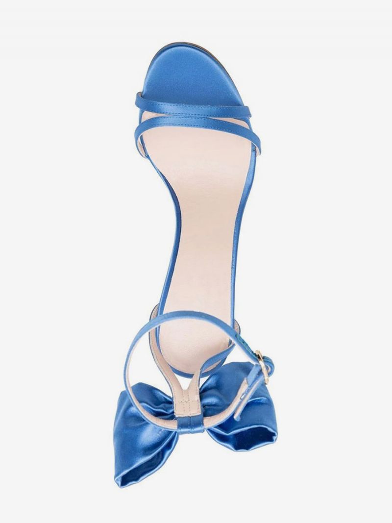 Sandales À Talons Pour Femmes Satin Bleu Bout Ouvert Nœud Talon Aiguille Chaussures Bal - Bleu