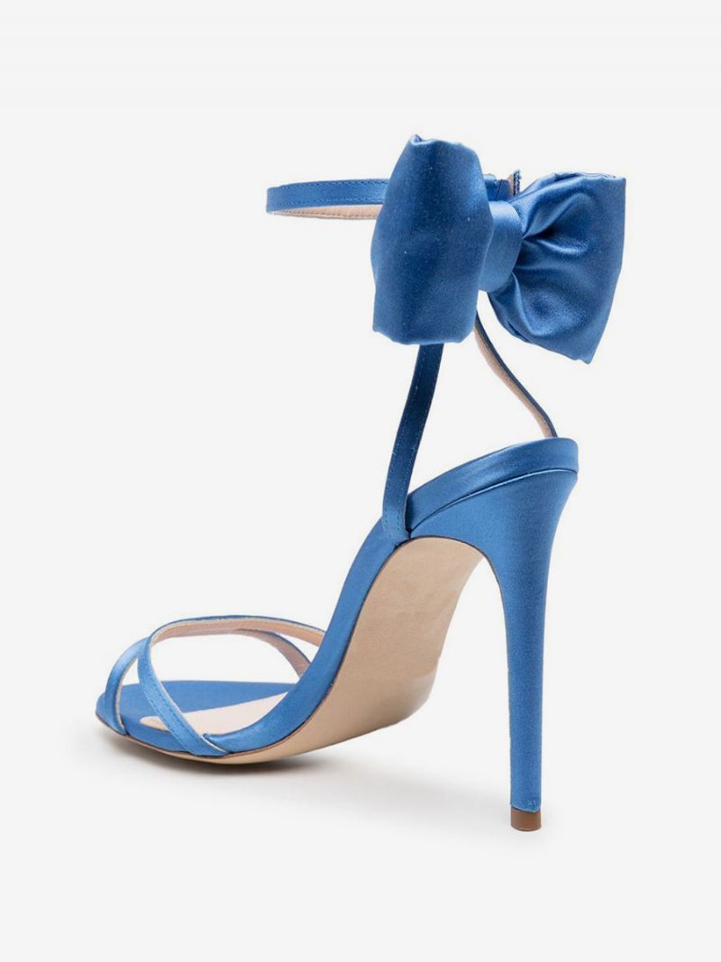 Sandales À Talons Pour Femmes Satin Bleu Bout Ouvert Nœud Talon Aiguille Chaussures Bal - Bleu