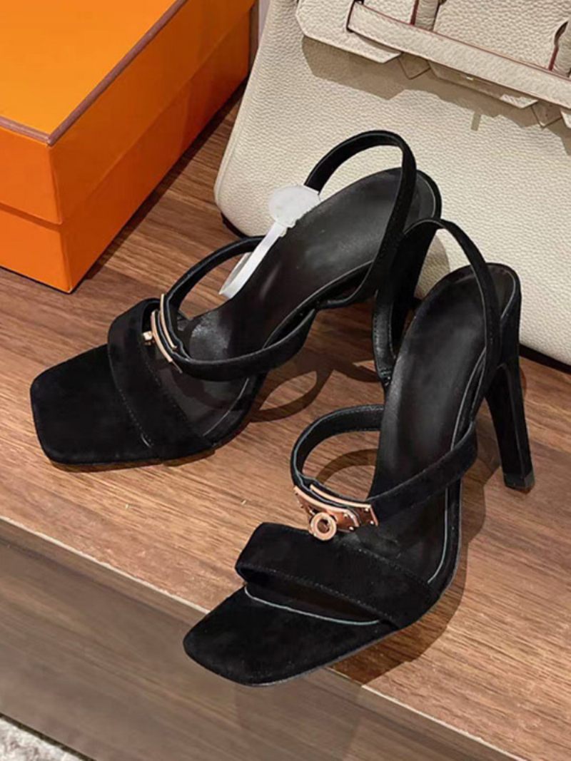 Sandales À Talons Hauts Daim Pour Femmes Bout Carré Détail Boucle Chaussures Lanières - Noir