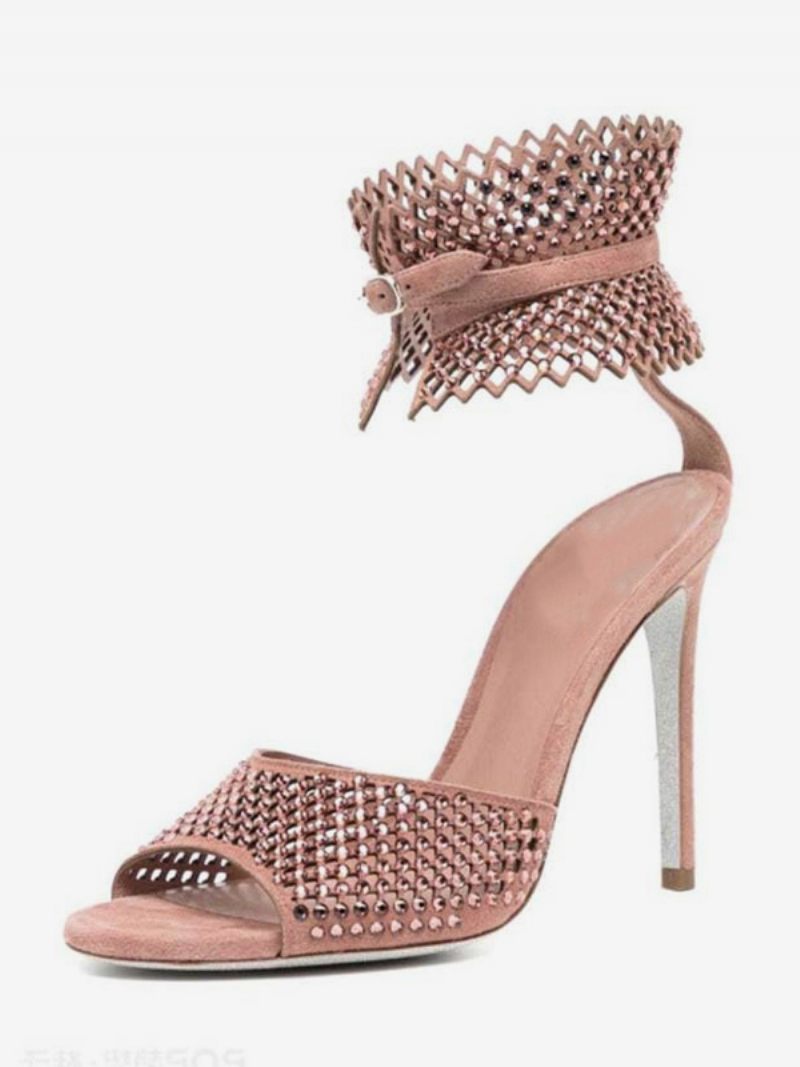 Sandales À Talons Hauts Pour Femmes Bout Ouvert Rose Strass Découpés Chaussures Bal Bride La Cheville Fête - Rose