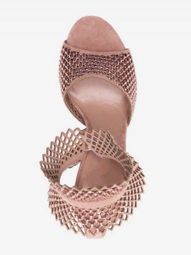 Sandales À Talons Hauts Pour Femmes Bout Ouvert Rose Strass Découpés Chaussures Bal Bride La Cheville Fête - Rose