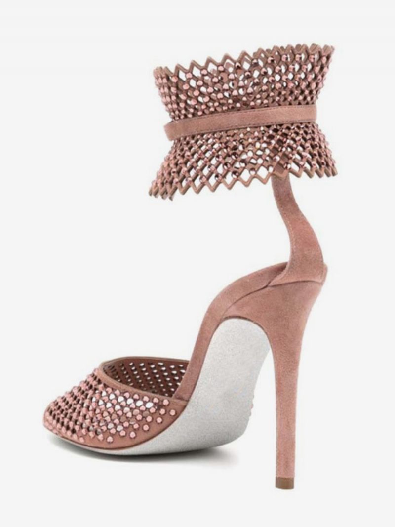 Sandales À Talons Hauts Pour Femmes Bout Ouvert Rose Strass Découpés Chaussures Bal Bride La Cheville Fête - Rose