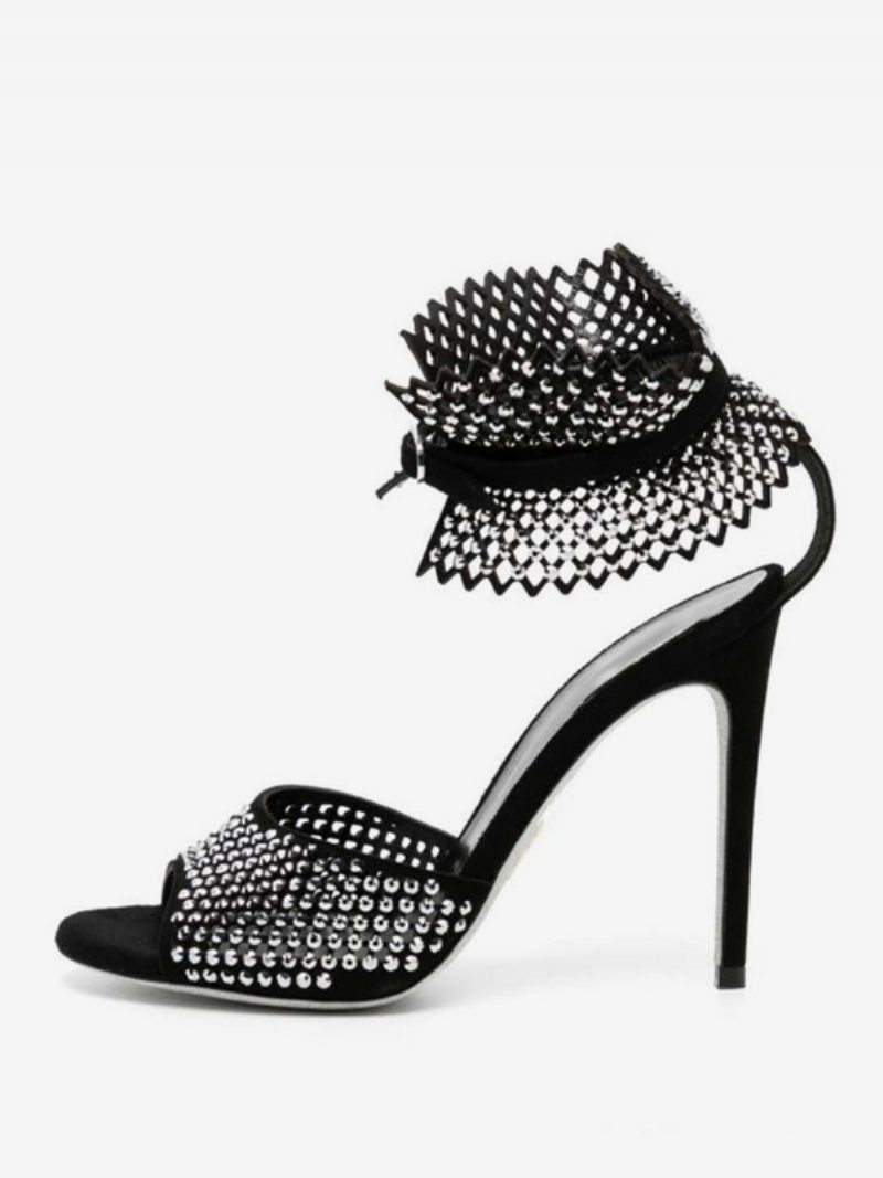 Sandales À Talons Hauts Pour Femmes Bout Ouvert Rose Strass Découpés Chaussures Bal Bride La Cheville Fête - Noir