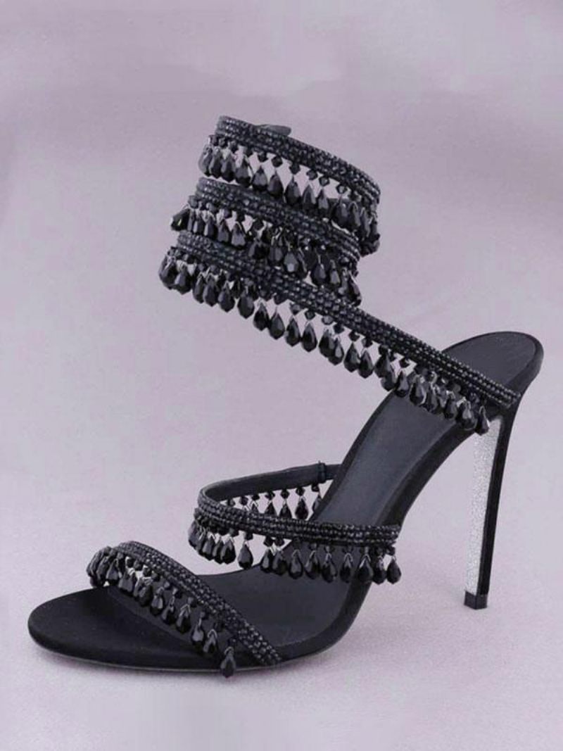 Sandales À Talons Hauts Femmes Bout Ouvert Strass Chaussures Bal Lacets - Noir