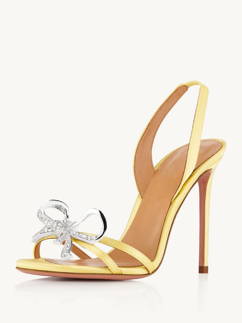 Sandales À Talons Hauts Pour Femmes Bout Ouvert Strass Nœud Talon Aiguille Chaussures Soirée Bal - Jaune