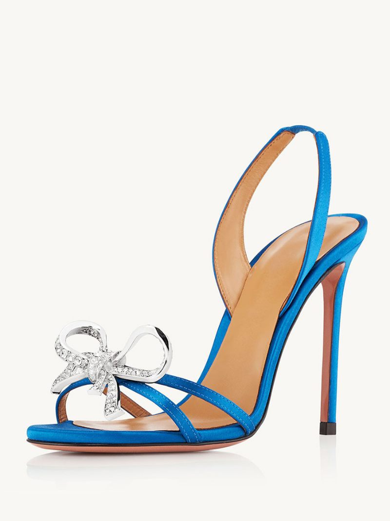 Sandales À Talons Hauts Pour Femmes Bout Ouvert Strass Nœud Talon Aiguille Chaussures Soirée Bal - Bleu