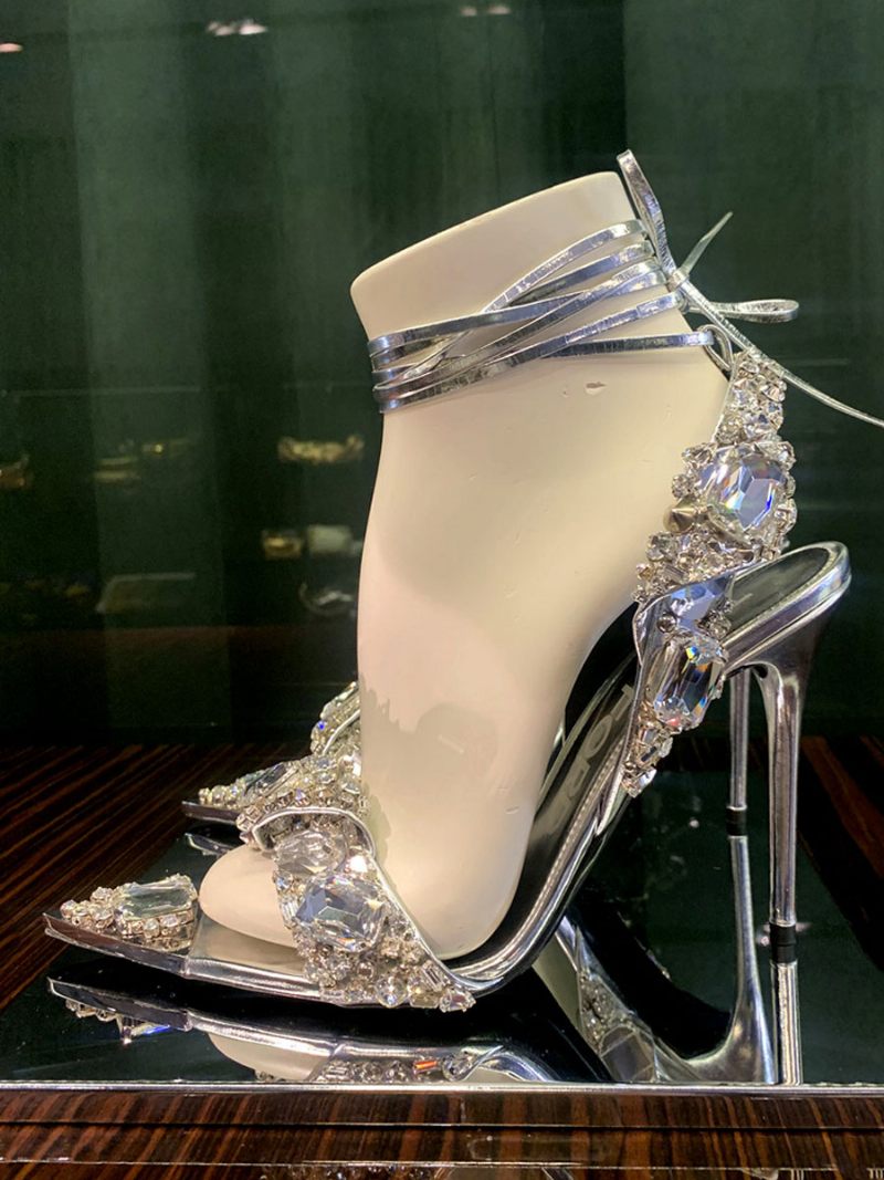 Sandales À Talons Hauts Pour Femmes Chaussures Bal Dorées Bout Ouvert Et Strass - Argent