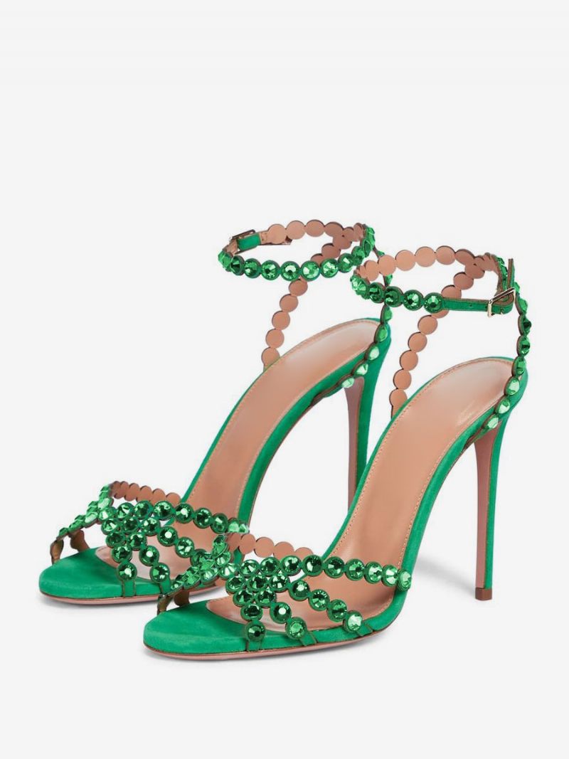 Sandales À Talons Hauts Pour Femmes Vert Bout Ouvert Strass Bride La Cheville Talon Aiguille Chaussures Soirée Bal