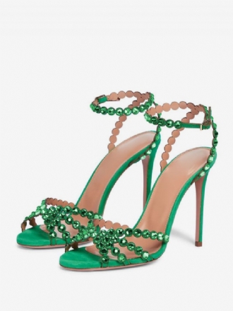 Sandales À Talons Hauts Pour Femmes Vert Bout Ouvert Strass Bride La Cheville Talon Aiguille Chaussures Soirée Bal