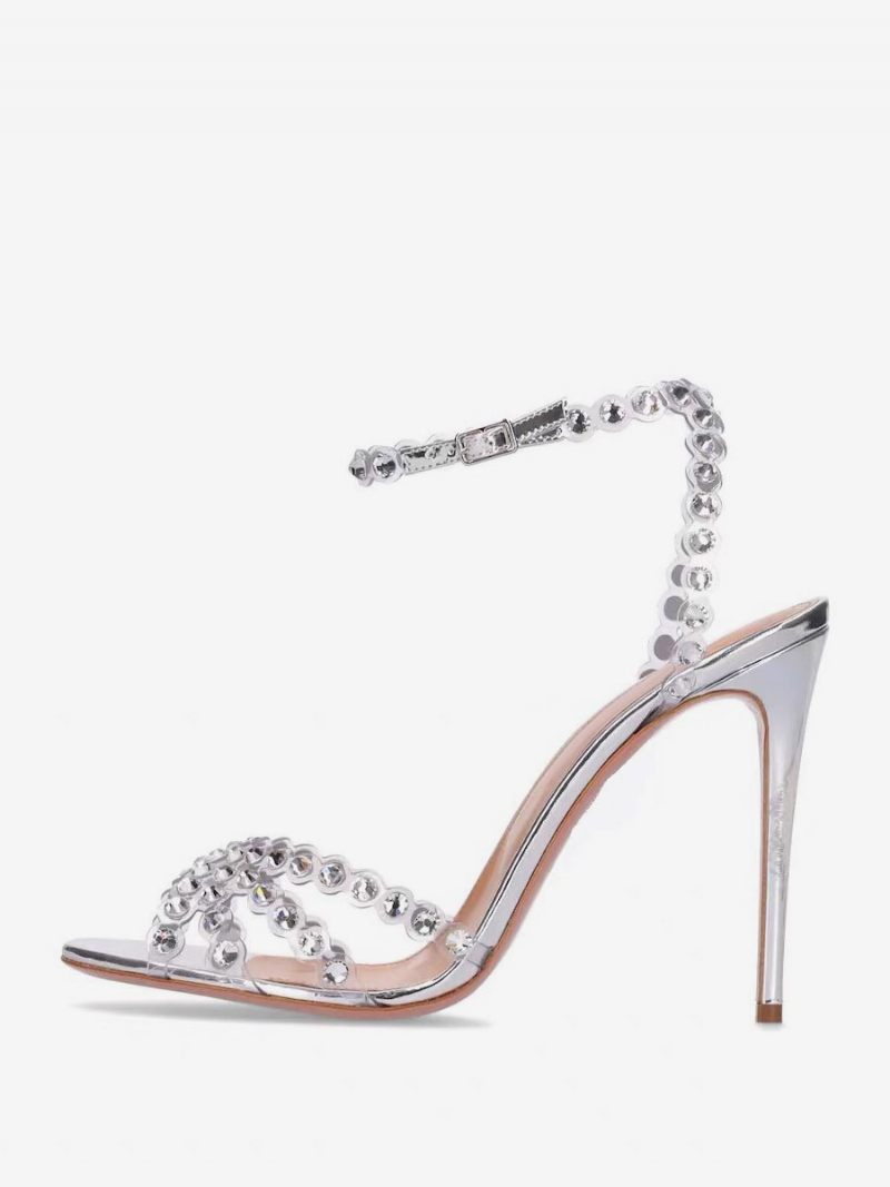 Sandales À Talons Hauts Pour Femmes Vert Bout Ouvert Strass Bride La Cheville Talon Aiguille Chaussures Soirée Bal - Transparent