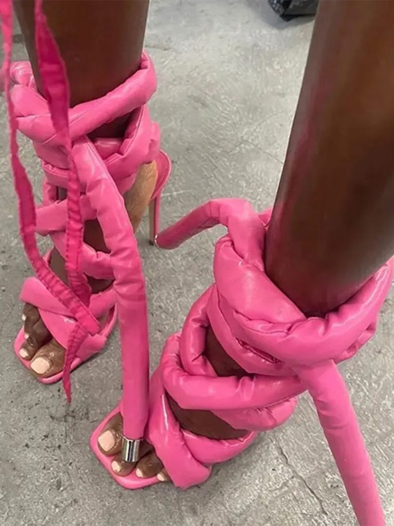 Sandales À Talons Hauts Grises Gladiateur Lacets Pour Femmes - Rose