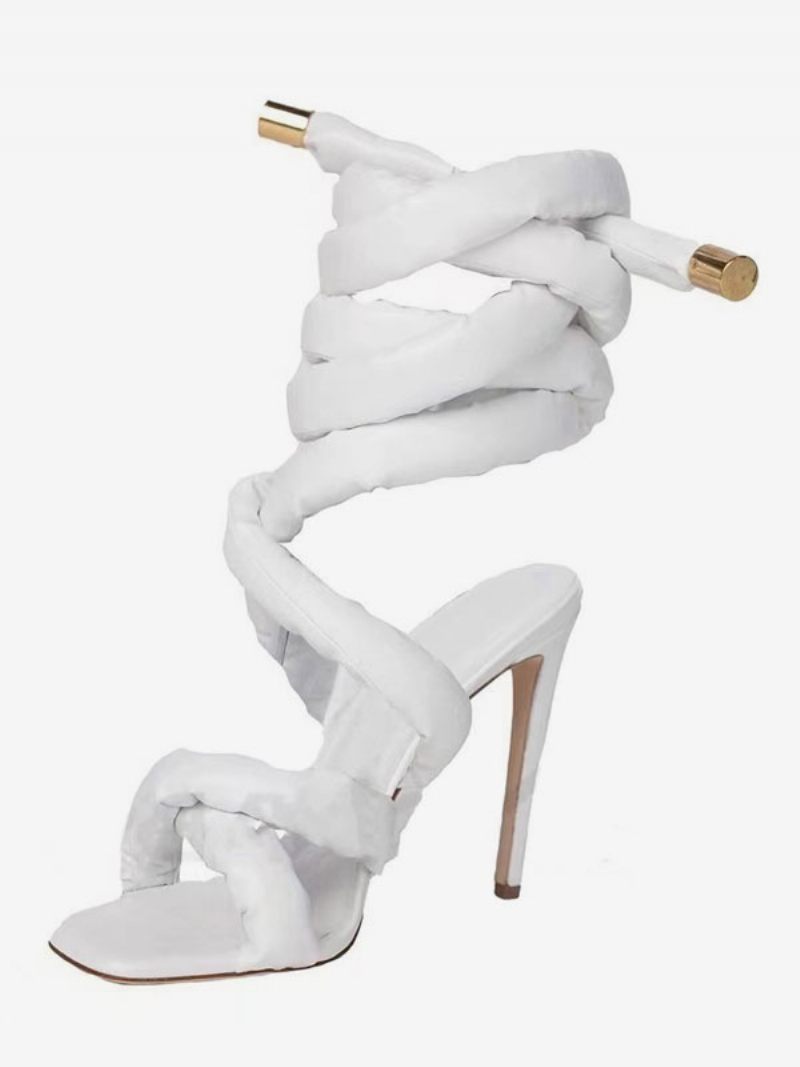 Sandales À Talons Hauts Grises Gladiateur Lacets Pour Femmes - Blanc