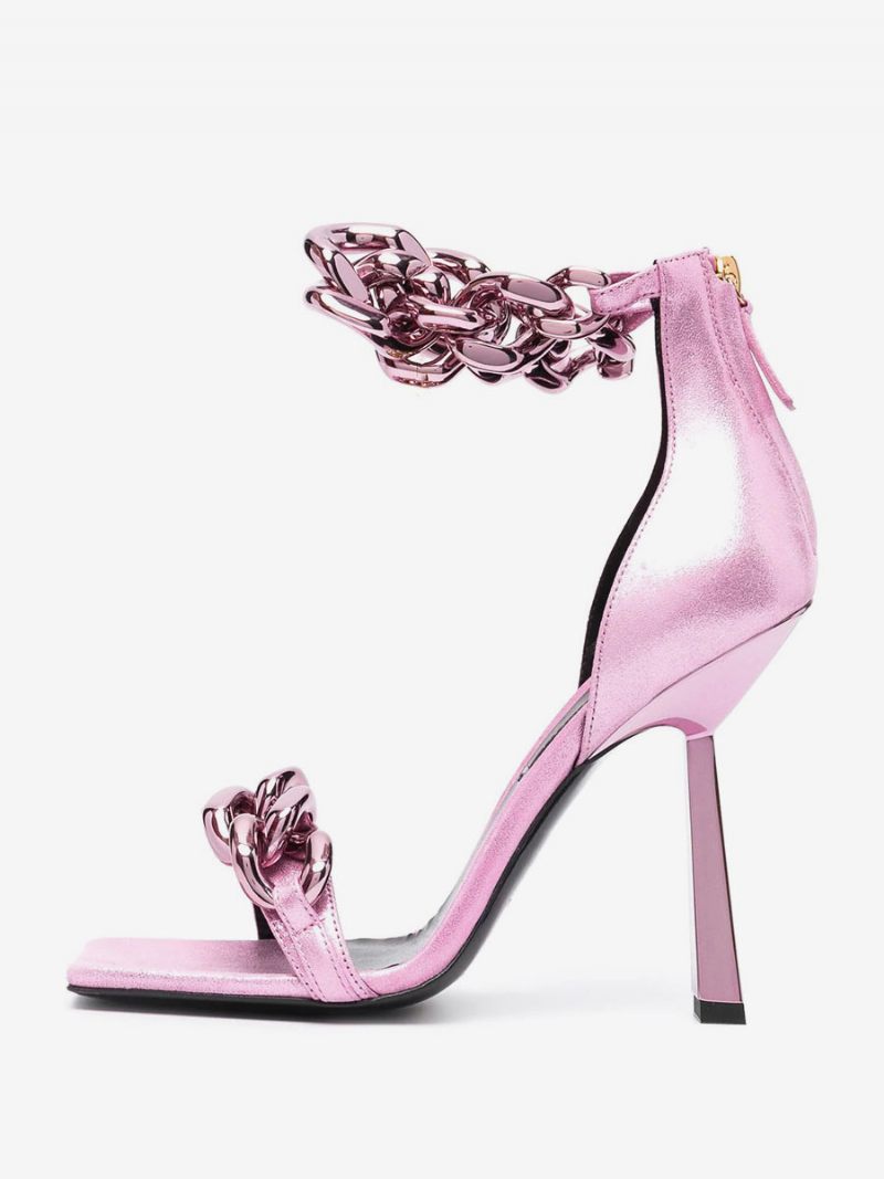 Sandales À Talons Hauts Roses Pour Femmes Chaussures Bal Chaîne Métallique Bride La Cheville - Rose