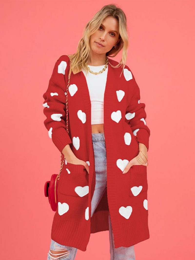 Cardigan Imprimé Coeur Ouvert Devant Manches Longues Pull Côtelé Pour Femme - Rouge