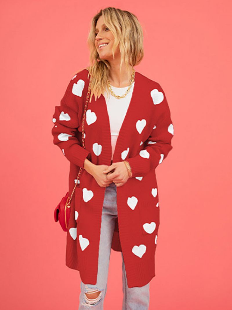 Cardigan Imprimé Coeur Ouvert Devant Manches Longues Pull Côtelé Pour Femme - Rouge