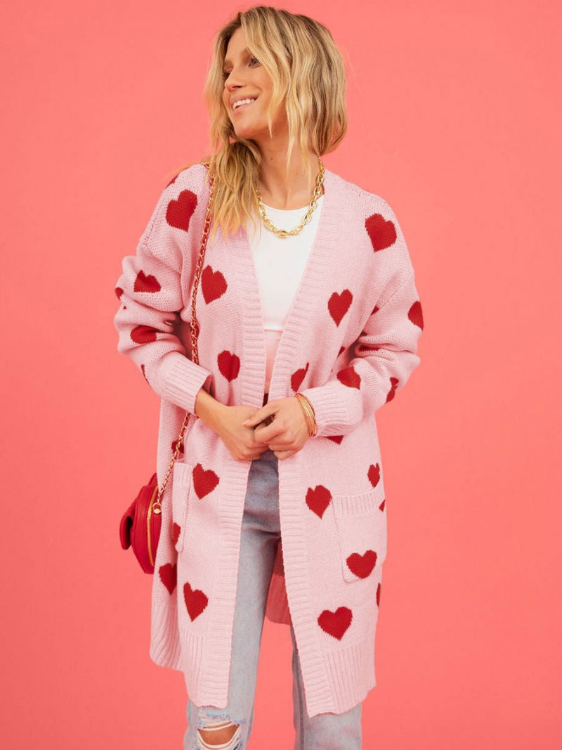 Cardigan Imprimé Coeur Ouvert Devant Manches Longues Pull Côtelé Pour Femme - Rose