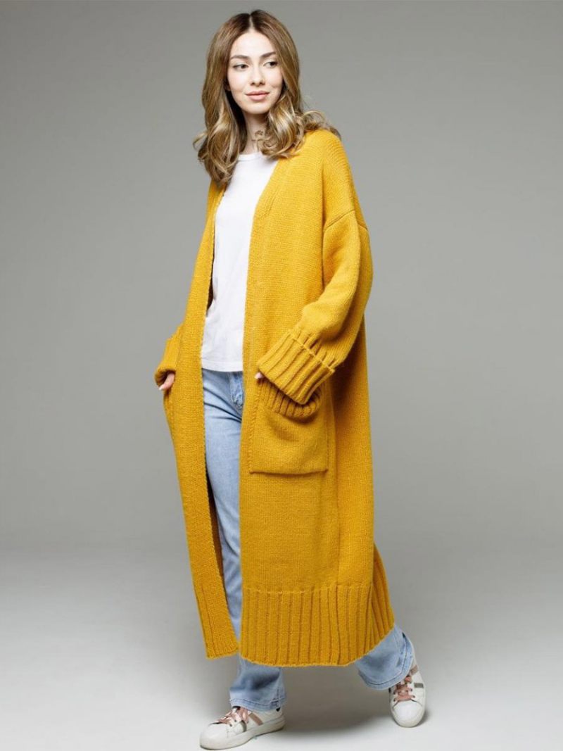 Cardigan Long À Manches Longues Et Épaules Tombantes Pull Côtelé Pour Femmes - Jaune