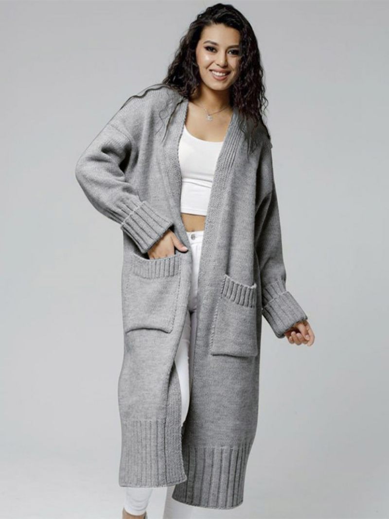 Cardigan Long À Manches Longues Et Épaules Tombantes Pull Côtelé Pour Femmes - Gris Clair