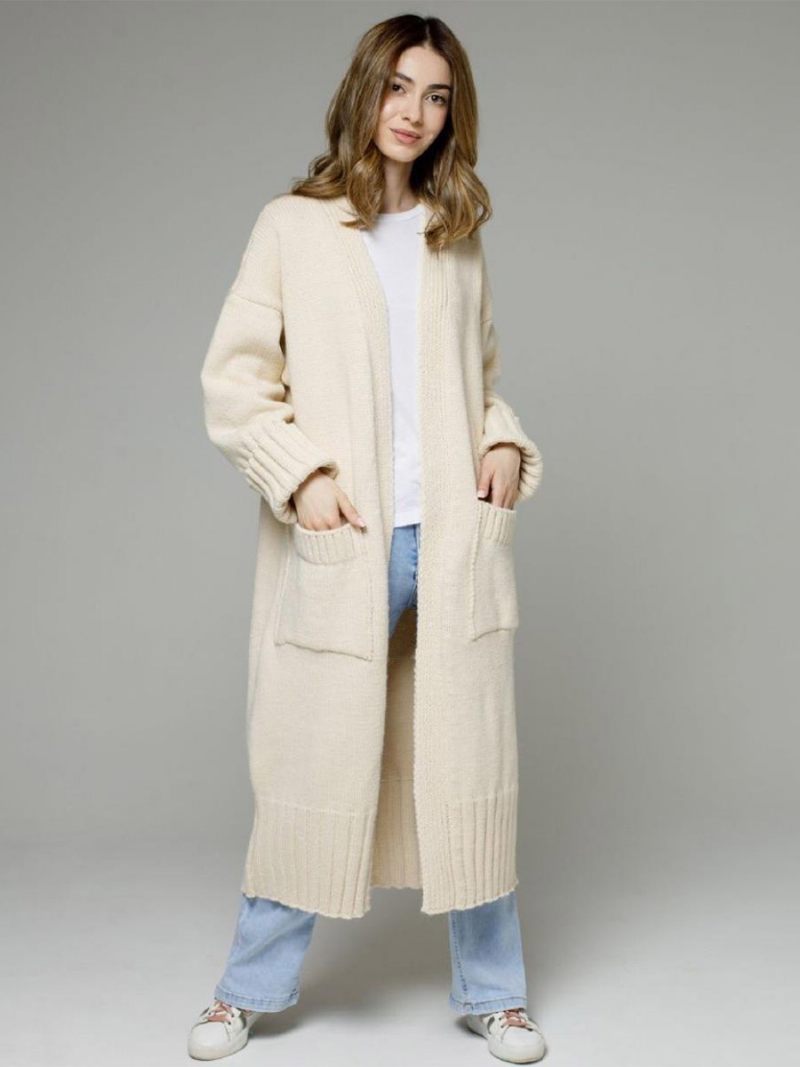 Cardigan Long À Manches Longues Et Épaules Tombantes Pull Côtelé Pour Femmes - Beige