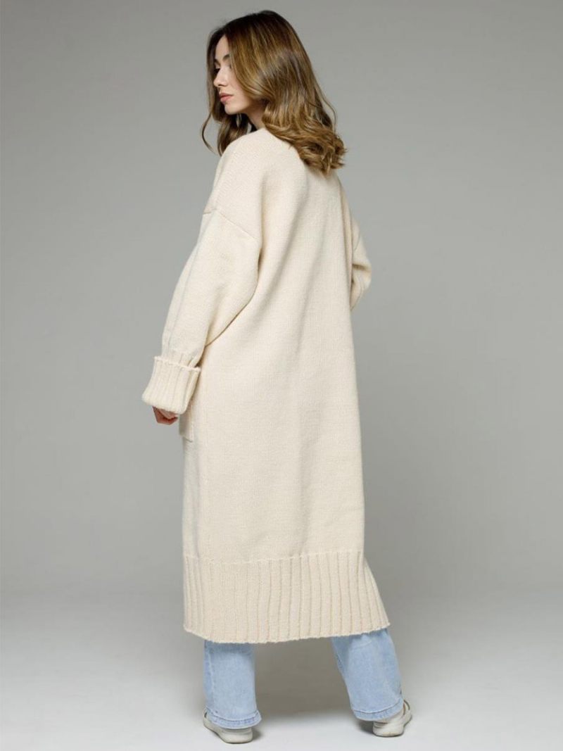 Cardigan Long À Manches Longues Et Épaules Tombantes Pull Côtelé Pour Femmes - Beige