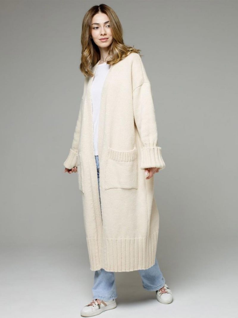 Cardigan Long À Manches Longues Et Épaules Tombantes Pull Côtelé Pour Femmes - Beige