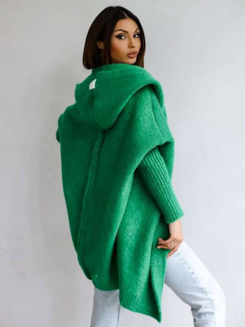 Cardigan À Manches Chauve-souris Pour Femmes Pull Capuche Ouvert Sur Le Devant Couleur Unie - Vert Herbe