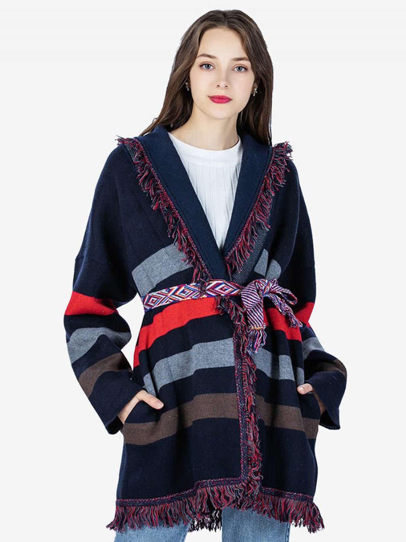 Cardigans Bleu Marine Foncé Pour Femmes Rayures Horizontales Garniture À Pampilles Pull Laine Mélangée Avec Ceinture