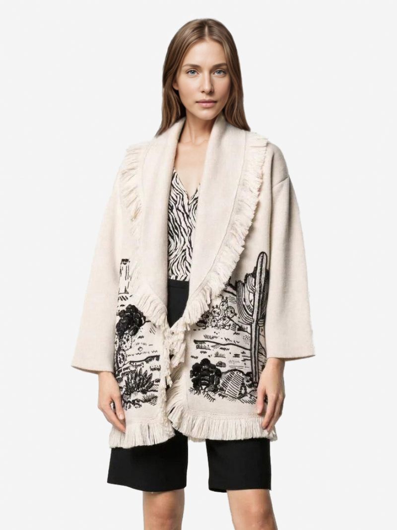 Cardigans Jacquard Pour Femmes Garniture À Pampilles Ceinturé Inspiré La Nature Pull Boho - Blanc