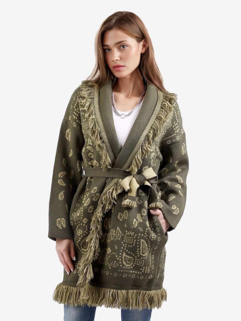 Cardigans Jacquard Pour Femmes Inspiré Du Paisley Garniture À Pampilles Ceinture Mélange Laine Pull Boho - Vert Chasseur