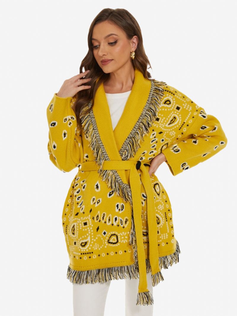 Cardigans Jacquard Pour Femmes Inspiré Du Paisley Garniture À Pampilles Ceinture Mélange Laine Pull Boho - Jaune