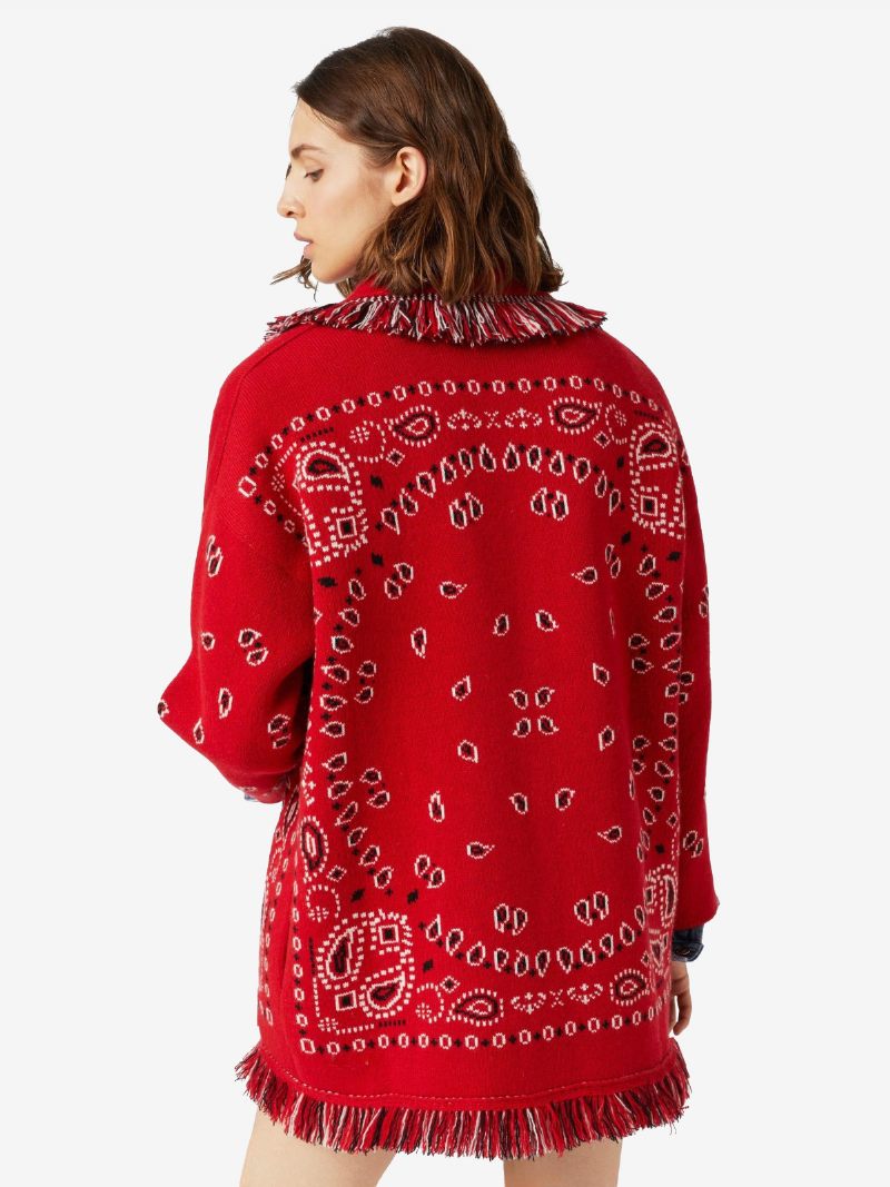 Cardigans Jacquard Pour Femmes Inspiré Du Paisley Garniture À Pampilles Ceinture Mélange Laine Pull Boho - Rouge