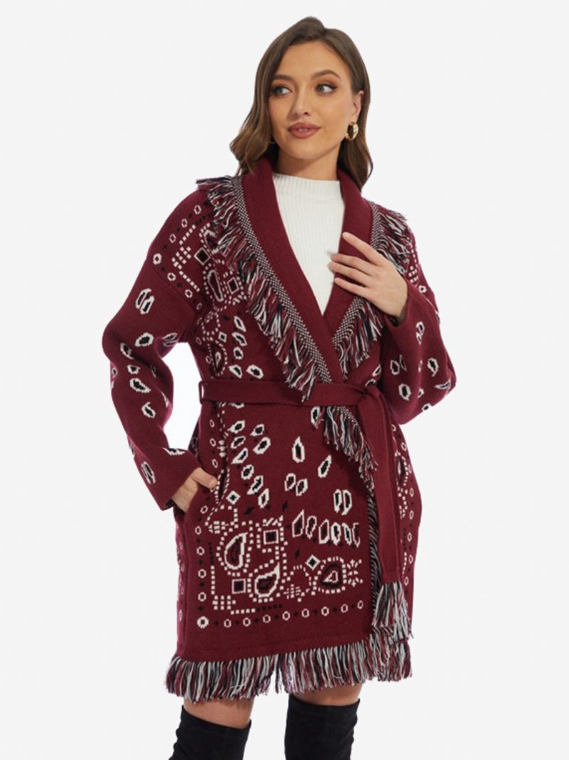 Cardigans Jacquard Pour Femmes Inspiré Du Paisley Garniture À Pampilles Ceinture Mélange Laine Pull Boho - Bourgogne