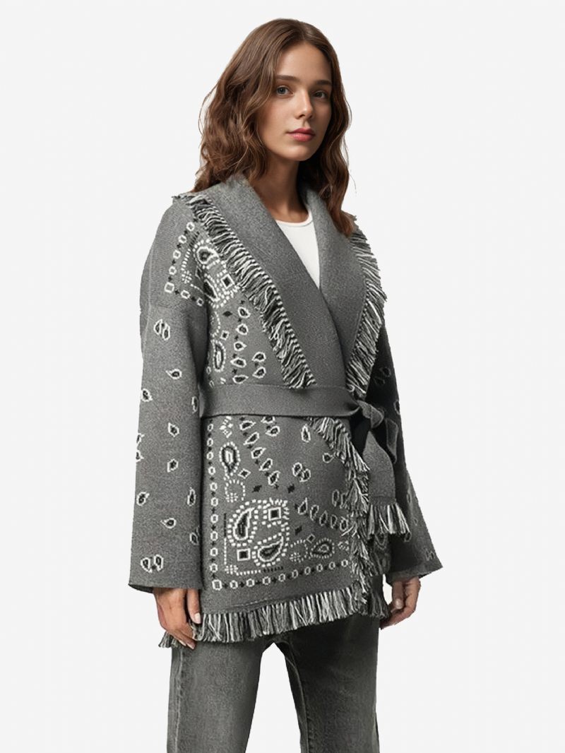 Cardigans Jacquard Pour Femmes Inspiré Du Paisley Garniture À Pampilles Ceinture Mélange Laine Pull Boho - Gris