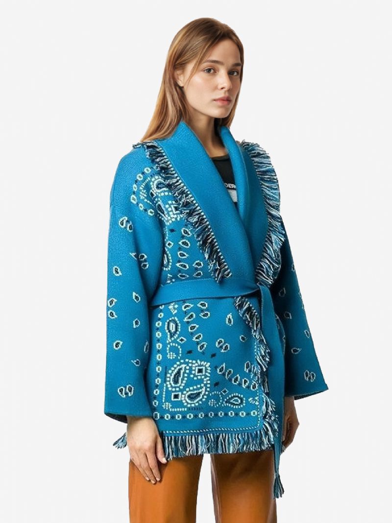 Cardigans Jacquard Pour Femmes Inspiré Du Paisley Garniture À Pampilles Ceinture Mélange Laine Pull Boho - Sarcelle