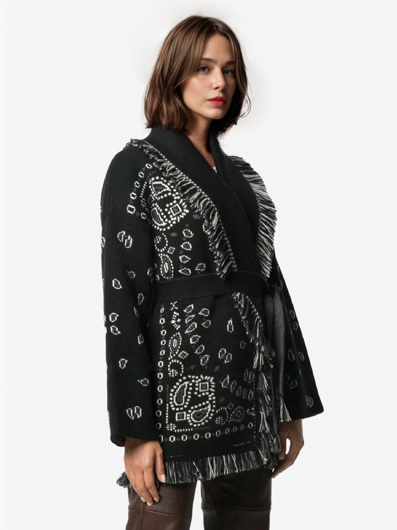 Cardigans Jacquard Pour Femmes Inspiré Du Paisley Garniture À Pampilles Ceinture Mélange Laine Pull Boho - Noir