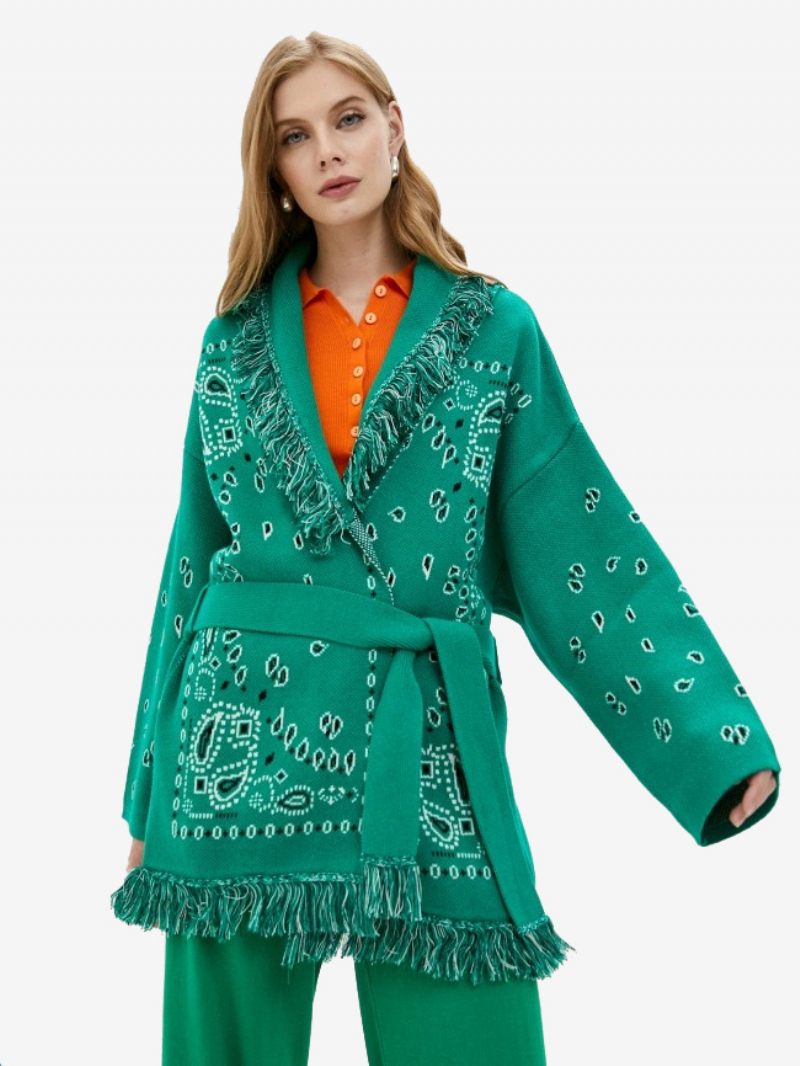 Cardigans Jacquard Pour Femmes Inspiré Du Paisley Garniture À Pampilles Ceinture Mélange Laine Pull Boho - Vert Foncé